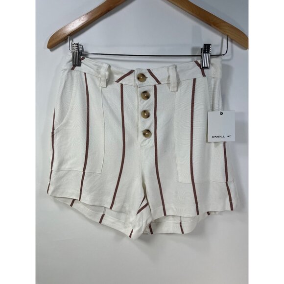 O'Neill Morris Shorts Sz 27 White Brown Striped Viscose Blend Button Up Shorts - Picture 1 of 10